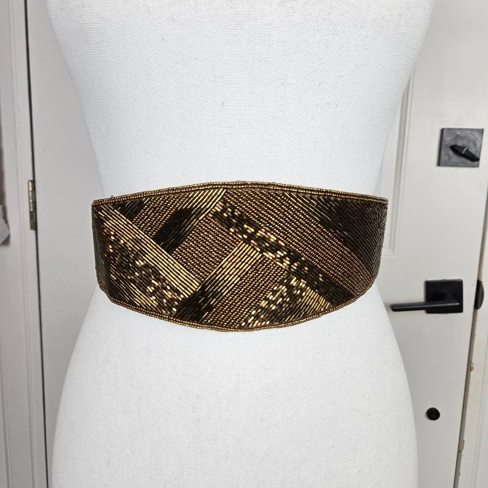 Carolyne Barton Beaded Statement Belt Brown Bronze Woven Wide‎ Stretch Waist S/M